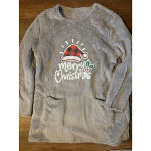 Women's Santa Christmas fluffy fleece long Sweatshirt L Gray